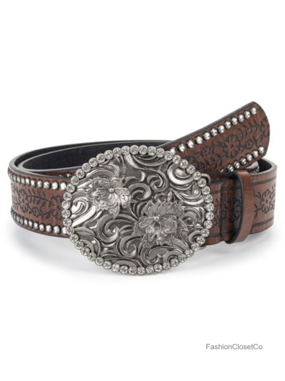 Western Floral Belt PU-Leather Diamond Buckle Cowgirl Cowboy 28-38 Waist